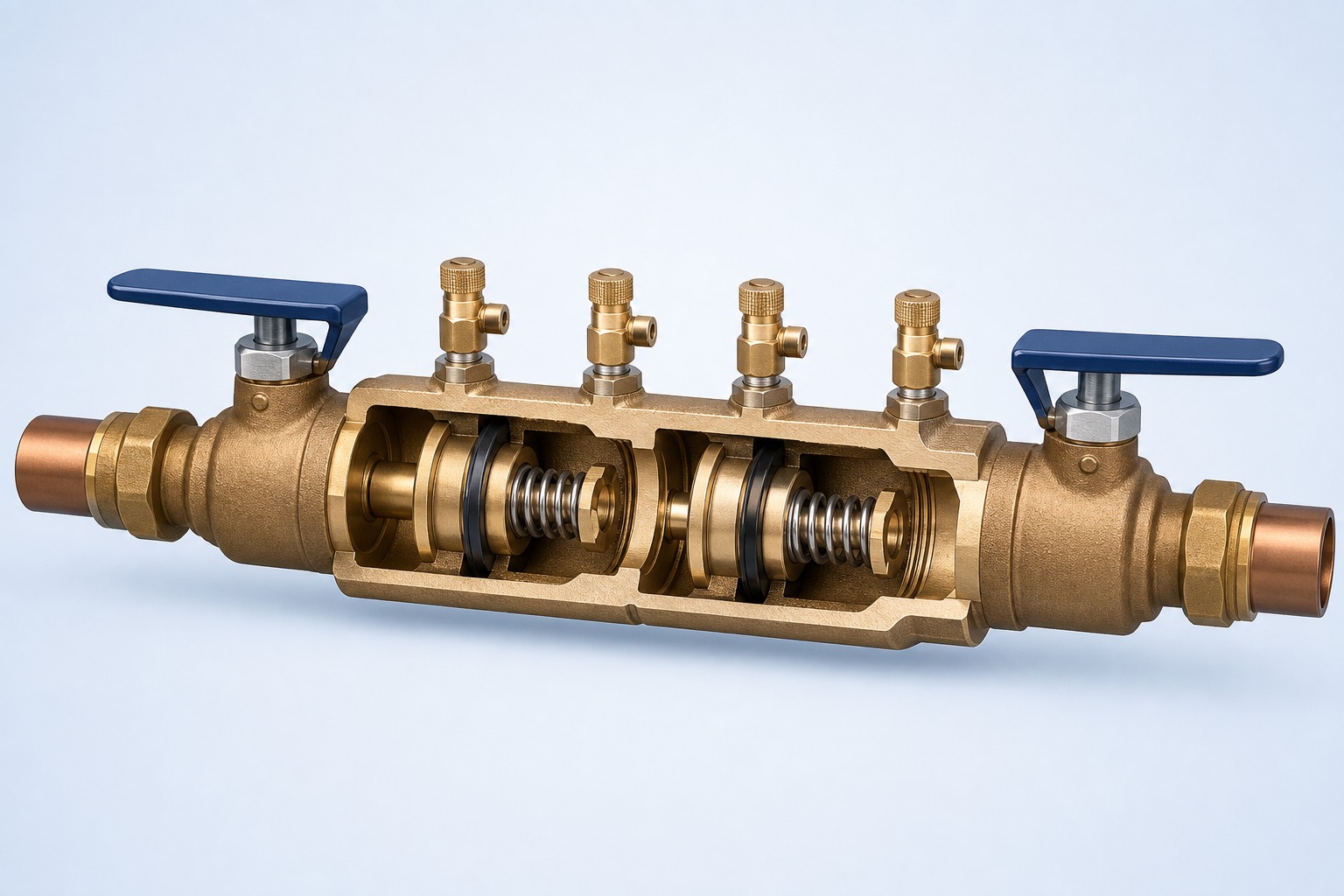 Double-check assembly cutaway with 2 independent checks and 4 test cocks